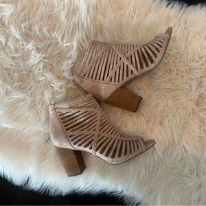 Not Rated Taupe Cutout Peep-Toe Block Heel Booties